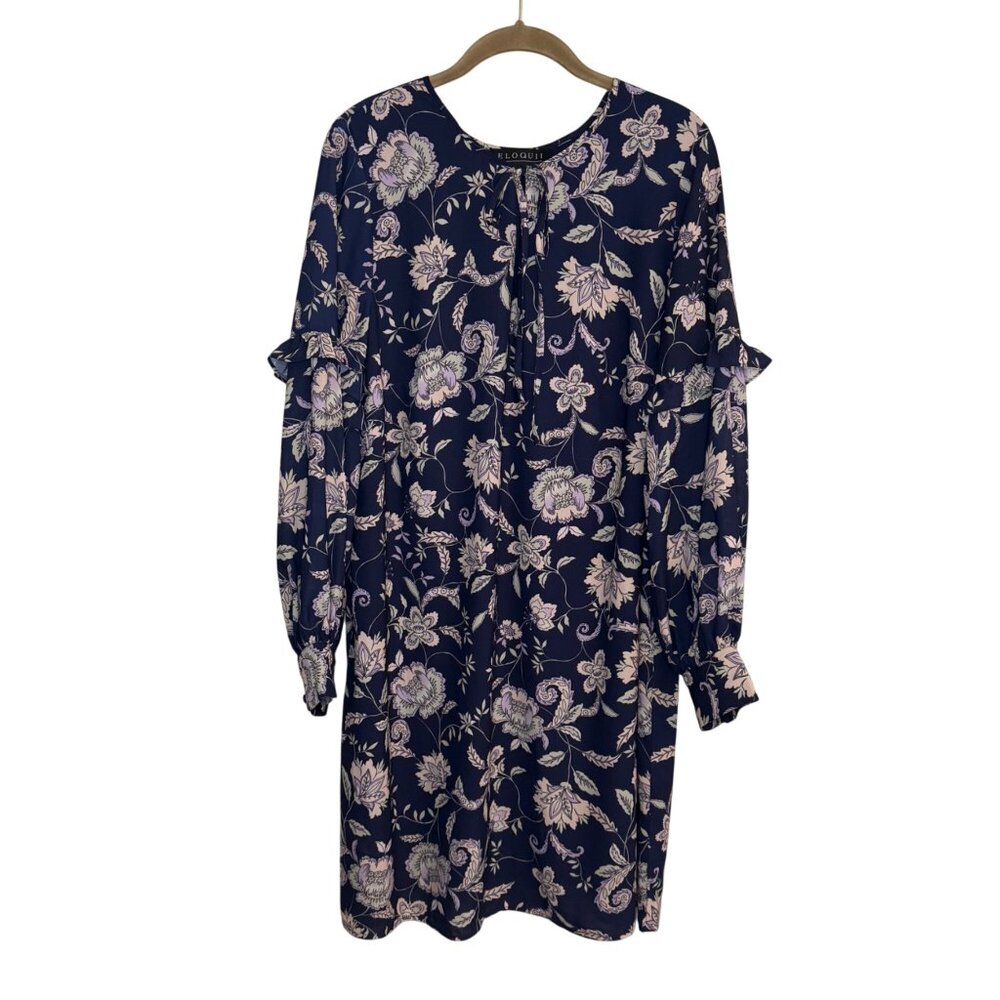 Eloquii Navy Blue & Lavender Flowy Floral Print Long Sleeve Ruffle Dress - 14